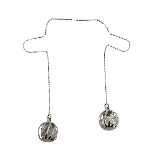 SILVERPLATED ABSTRACT DESIGN CAGED CRYSTAL BALL DROP EARRINGS - Picture 4 of 7